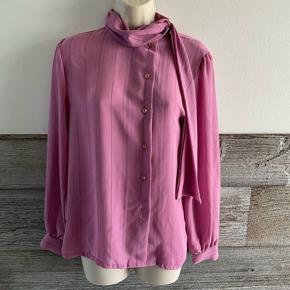 Teddi of California Vintage 80s High neck mauve blouse pinstriped Size 12 (Q1) - Picture 1 of 8